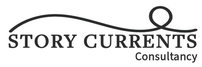 Story Currents Consultancy logo featuring a flowing line above the name, symbolising connection between people and place.